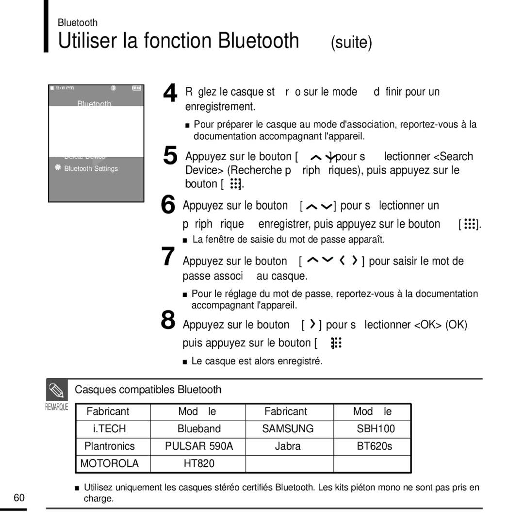 Samsung YP-T9JQB/XEF, YP-T9JZB/XEF, YP-T9JBQB/XEF manual Passe associé au casque 