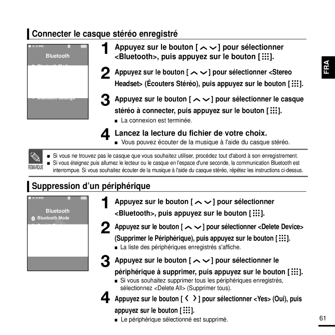 Samsung YP-T9JZB/XEF, YP-T9JQB/XEF, YP-T9JBQB/XEF manual Connecter le casque stéréo enregistré, Suppression d’un périphérique 