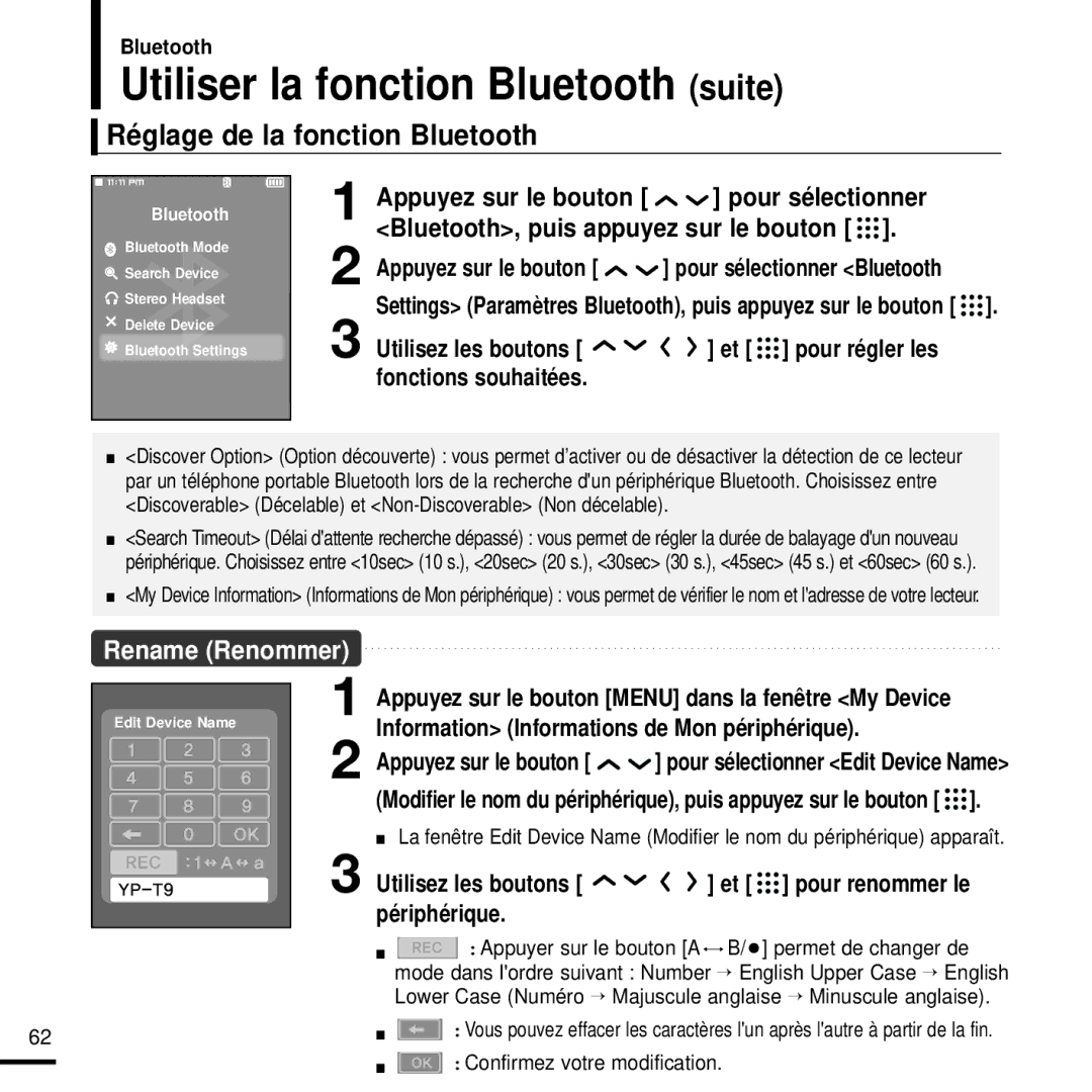 Samsung YP-T9JBQB/XEF Réglage de la fonction Bluetooth, Utilisez les boutons, Périphérique, Confirmez votre modification 