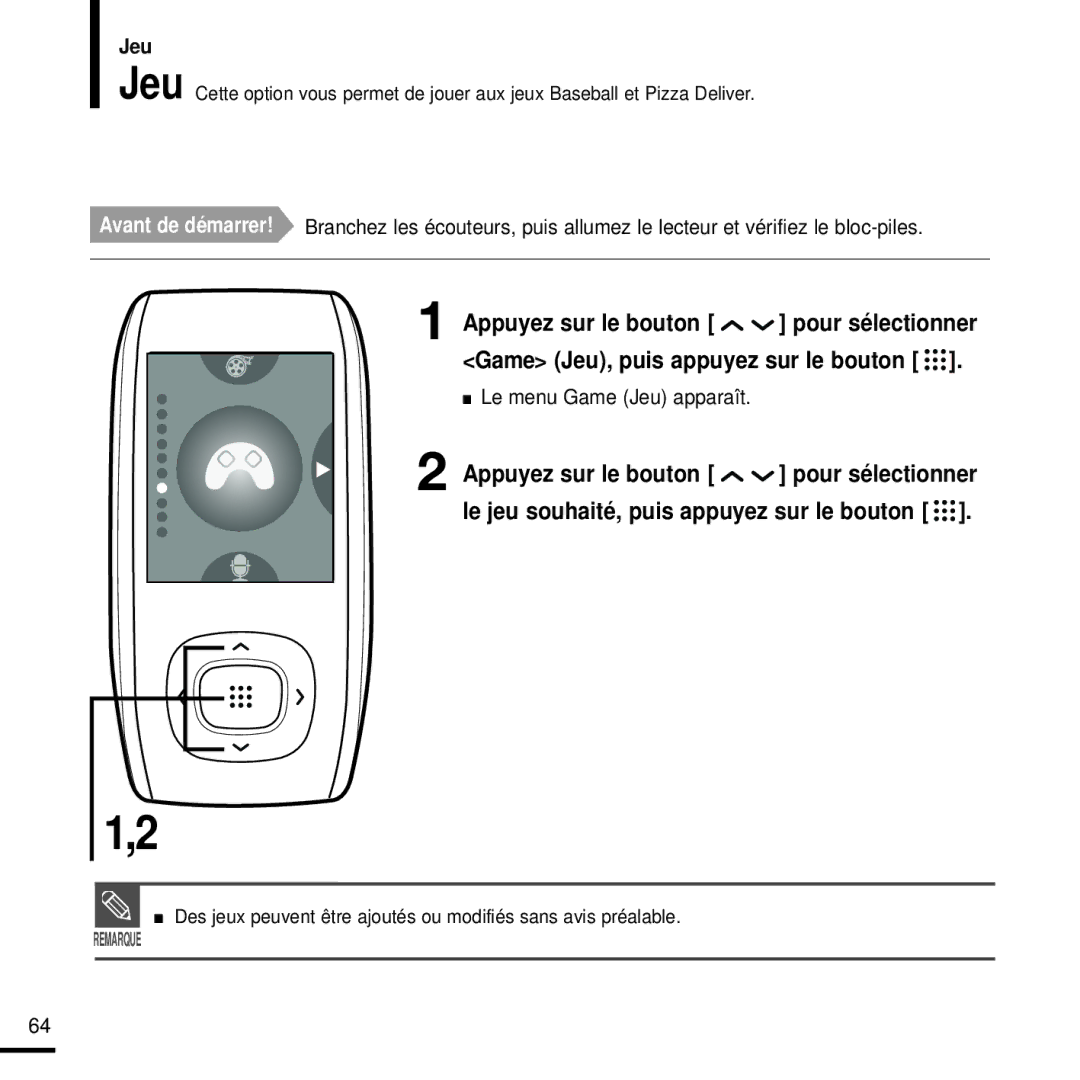 Samsung YP-T9JZB/XEF, YP-T9JQB/XEF, YP-T9JBQB/XEF manual Le menu Game Jeu apparaît 