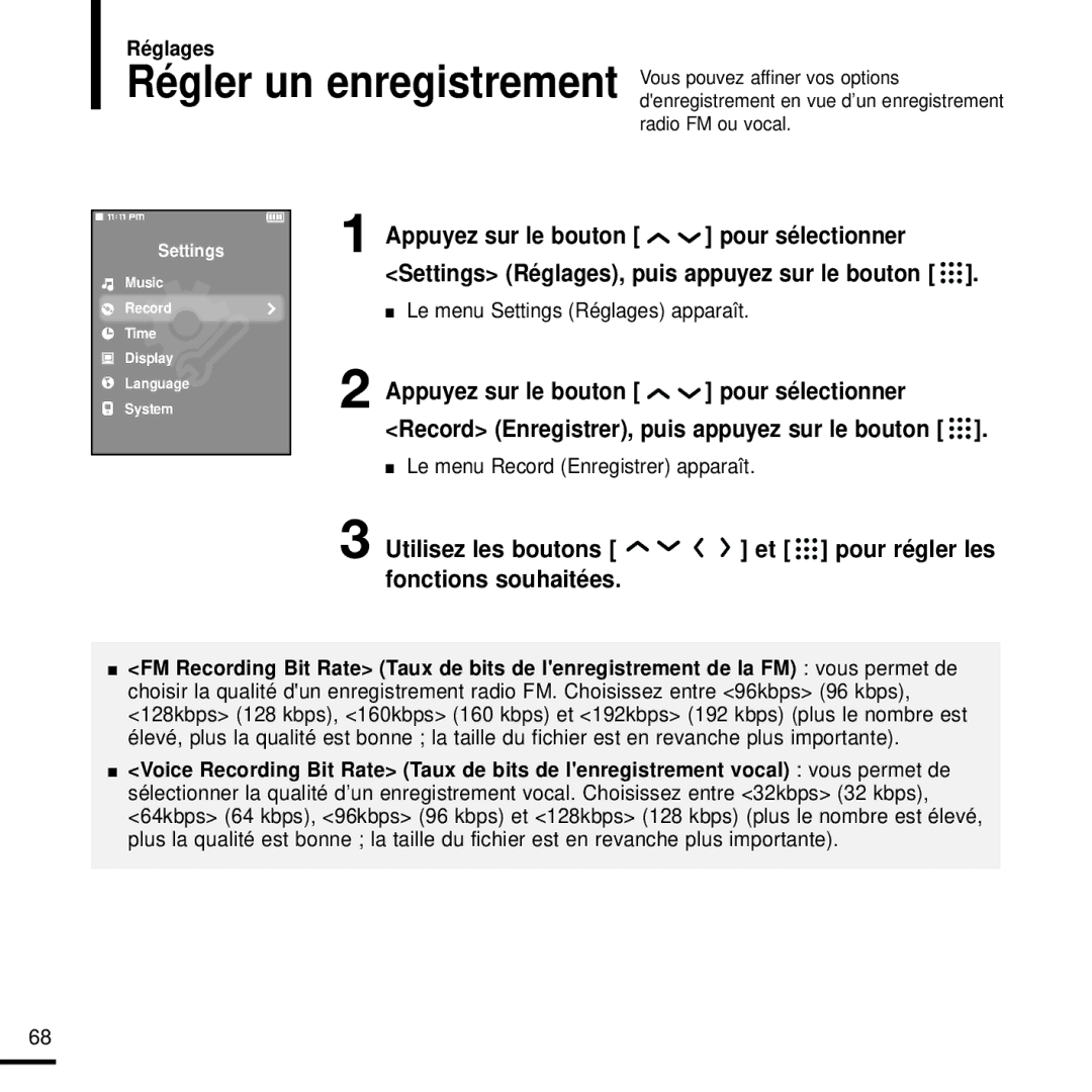 Samsung YP-T9JBQB/XEF, YP-T9JQB/XEF, YP-T9JZB/XEF manual Le menu Record Enregistrer apparaît 