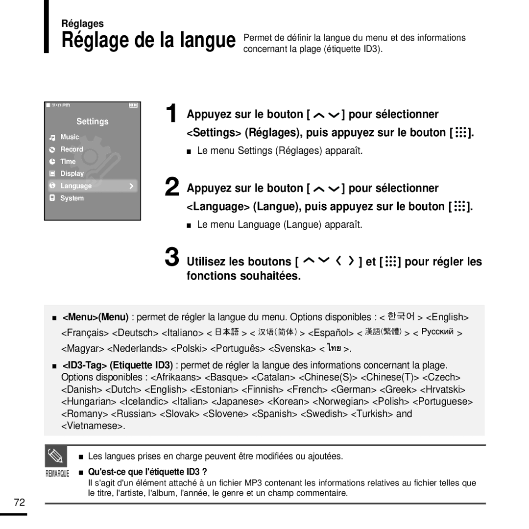 Samsung YP-T9JQB/XEF, YP-T9JZB/XEF, YP-T9JBQB/XEF Le menu Language Langue apparaît, Remarque Quest-ce que létiquette ID3 ? 