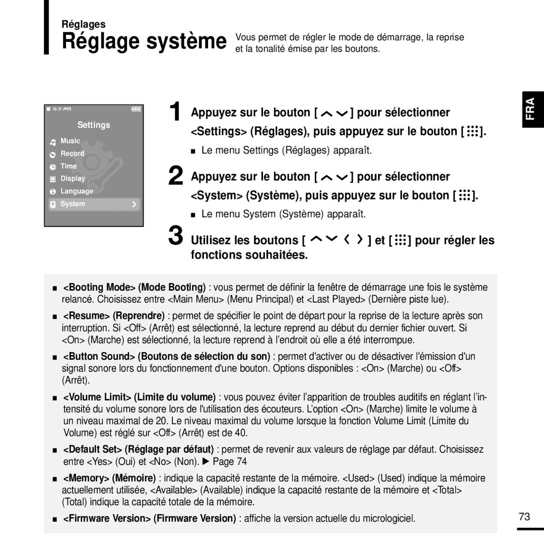 Samsung YP-T9JZB/XEF, YP-T9JQB/XEF, YP-T9JBQB/XEF manual Le menu System Système apparaît 