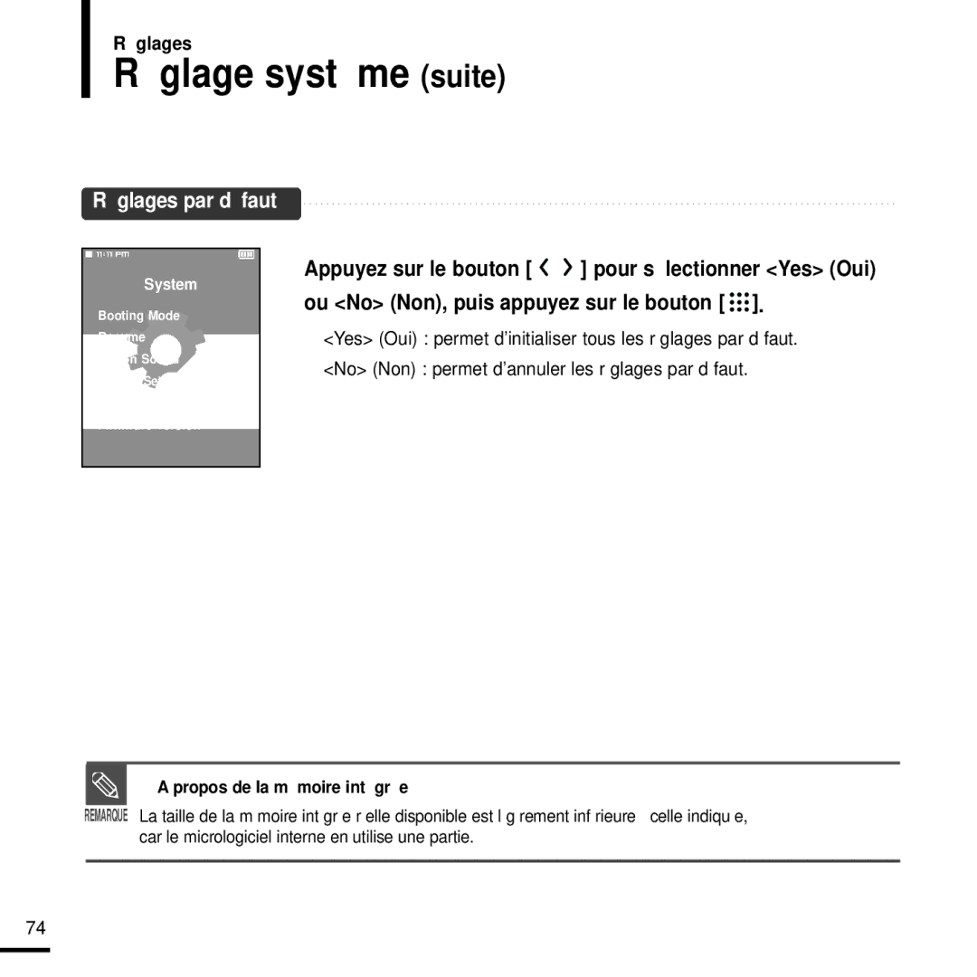 Samsung YP-T9JBQB/XEF, YP-T9JQB/XEF, YP-T9JZB/XEF manual Réglage système suite, Réglages par défaut 