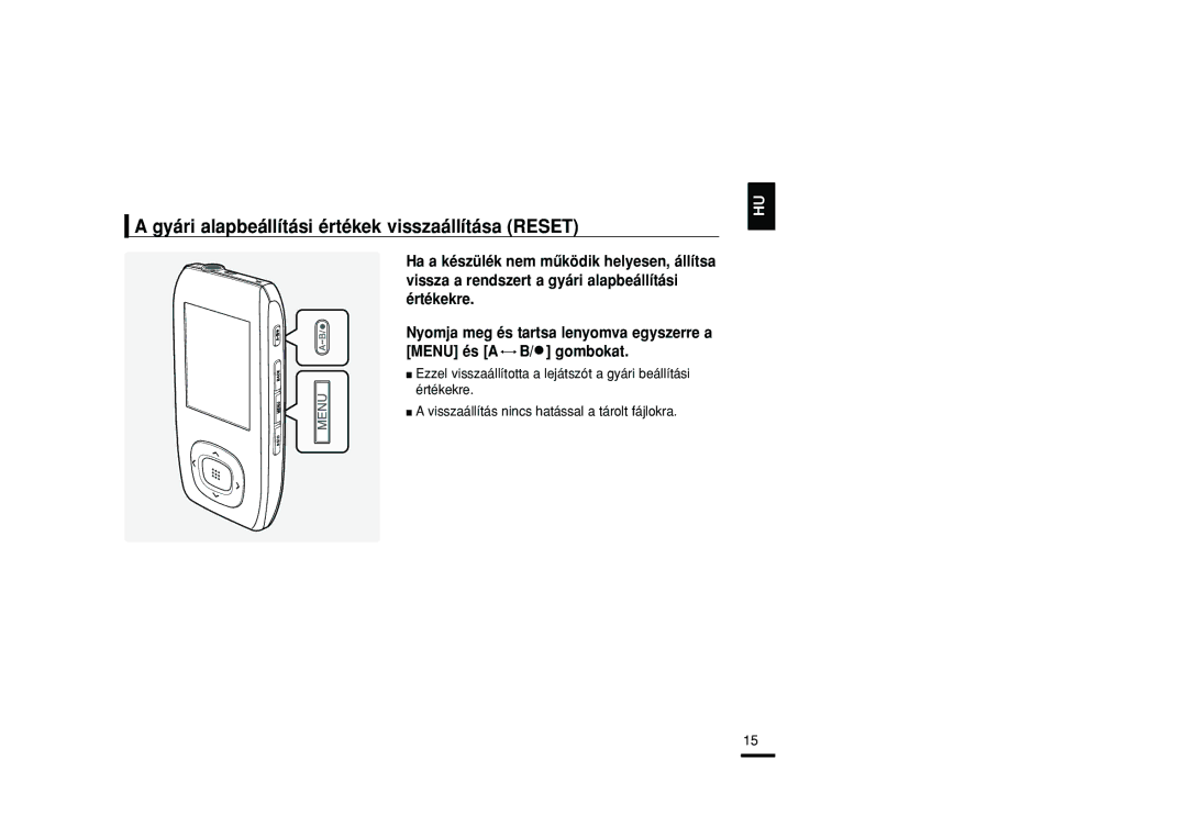 Samsung YP-T9JBAB/XEH, YP-T9JZB/XET, YP-T9JBAB/XET, YP-T9JBZB/XET manual Gyári alapbeállítási értékek visszaállítása Reset 