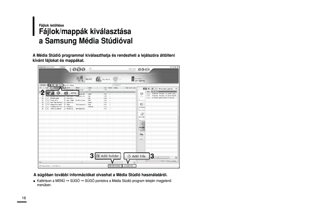 Samsung YP-T9JZB/XET, YP-T9JBAB/XET, YP-T9JBZB/XET, YP-T9JBQB/XET manual Fájlok/mappák kiválasztása a Samsung Média Stúdióval 