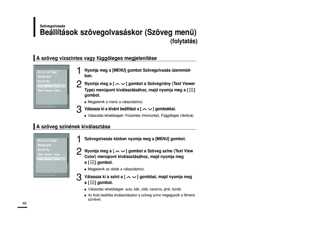 Samsung YP-T9JBAB/XET, YP-T9JZB/XET manual Szöveg vízszintes vagy függôleges megjelenítése, Szöveg színének kiválasztása 