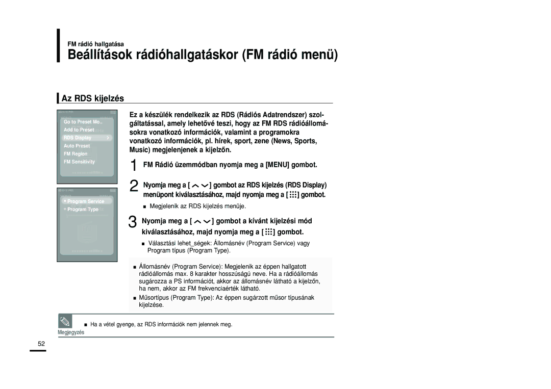 Samsung YP-T9JBZB/XEH Beállítások rádióhallgatáskor FM rádió menü, Az RDS kijelzés, Megjelenik az RDS kijelzés menüje 