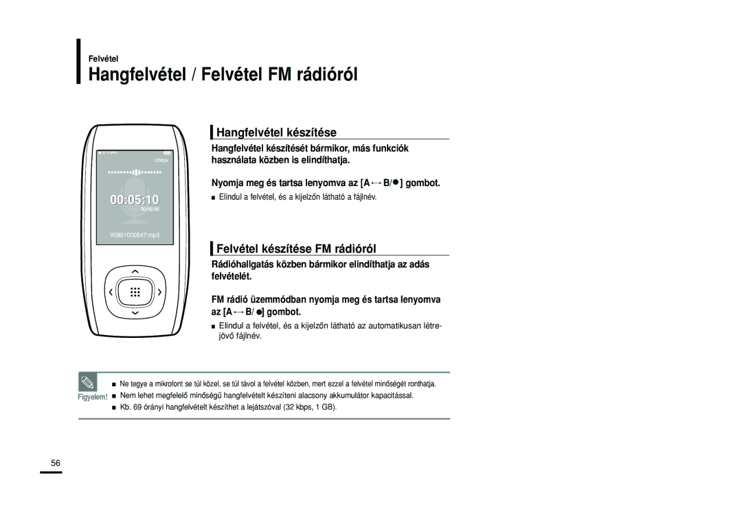 Samsung YP-T9JBZB/XET manual Hangfelvétel / Felvétel FM rádióról, Hangfelvétel készítése, Felvétel készítése FM rádióról 