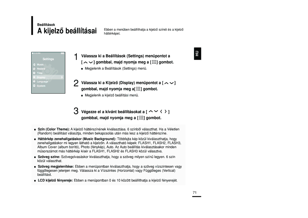 Samsung YP-T9JBQB/XEH, YP-T9JZB/XET, YP-T9JBAB/XET, YP-T9JBZB/XET, YP-T9JBQB/XET manual Megjelenik a kijelzô beállítási menü 