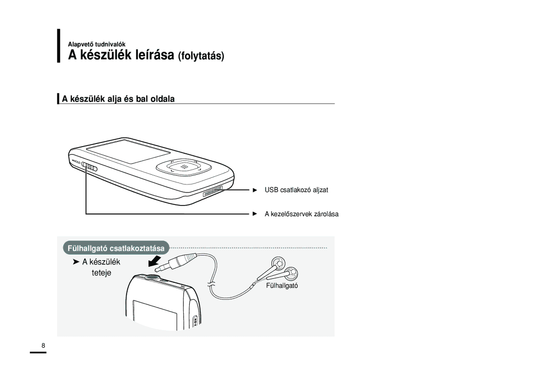 Samsung YP-T9JBQB/XEH, YP-T9JZB/XET Készülék leírása folytatás, Készülék alja és bal oldala, Fülhallgató csatlakoztatása 