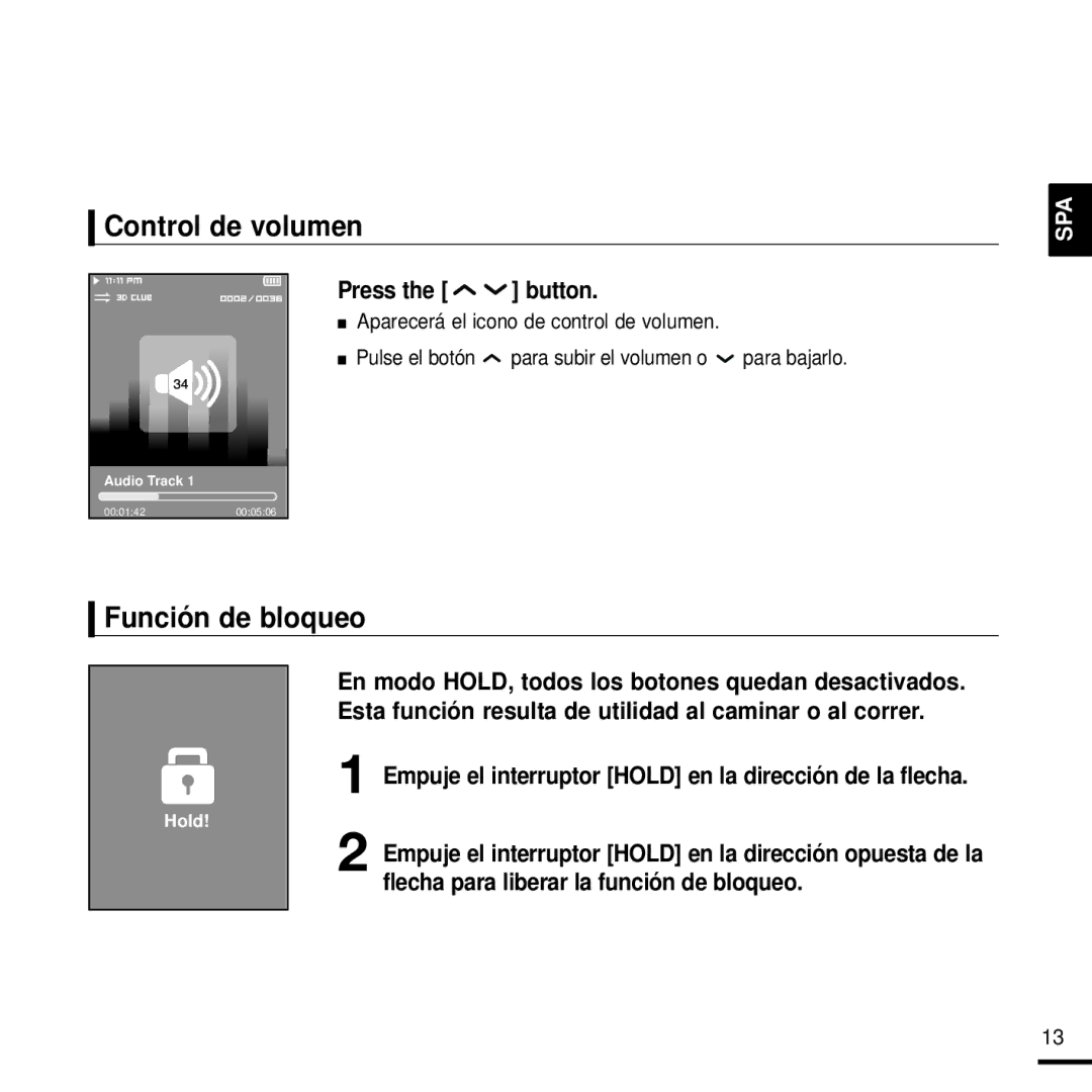 Samsung YP-T9JBZB/XET, YP-T9JZB/XET, YP-T9JBAB/XET, YP-T9JBQB/XET Control de volumen, Función de bloqueo, Press the button 