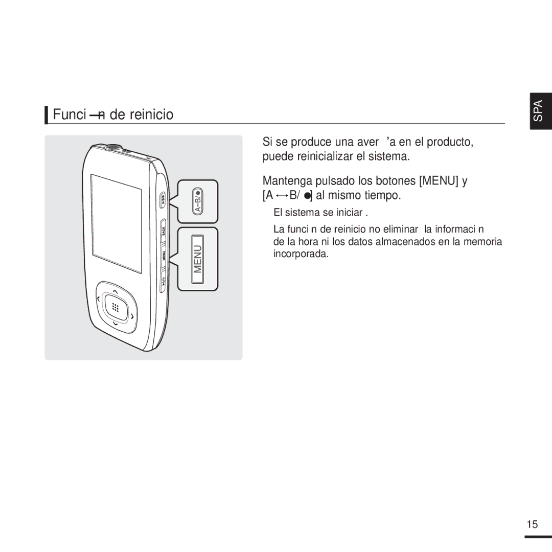 Samsung YP-T9JQB/XET, YP-T9JZB/XET manual Función de reinicio, Mantenga pulsado los botones Menu y a B/ al mismo tiempo 