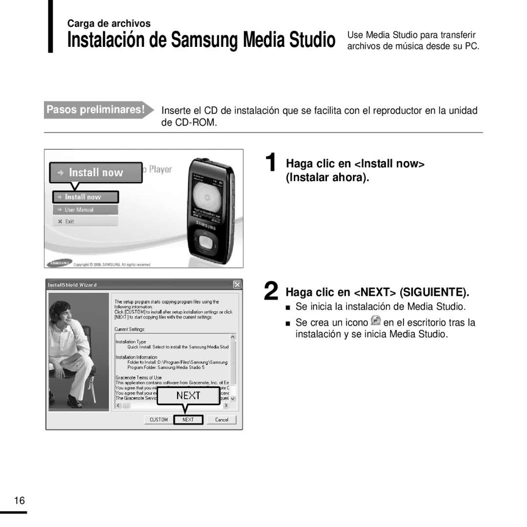 Samsung YP-T9JQB/OMX, YP-T9JZB/XET manual Instalación de Samsung Media Studio, Se inicia la instalación de Media Studio 