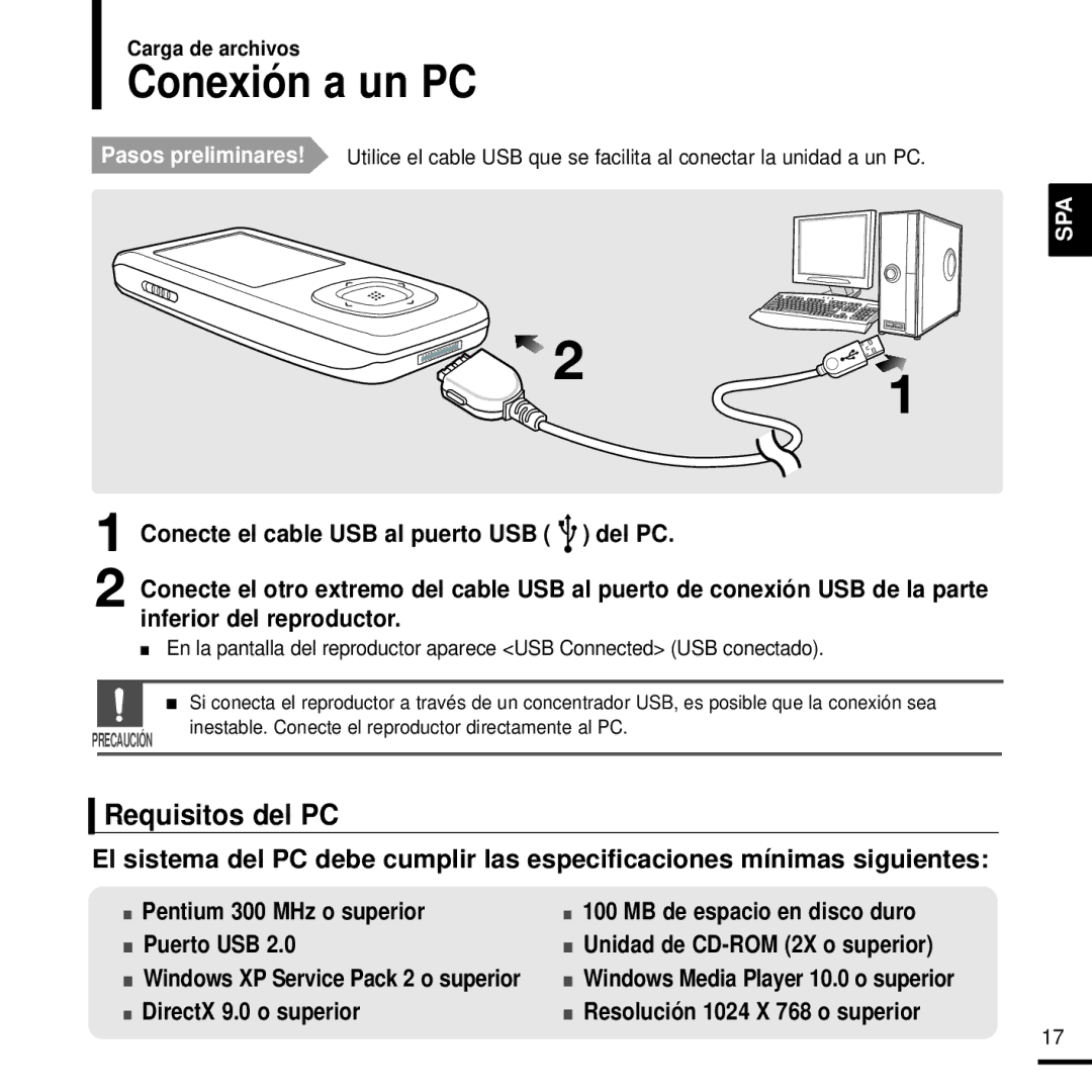 Samsung YP-T9JZB/OMX, YP-T9JZB/XET, YP-T9JQB/XET Conexión a un PC, Requisitos del PC, Pentium 300 MHz o superior Puerto USB 