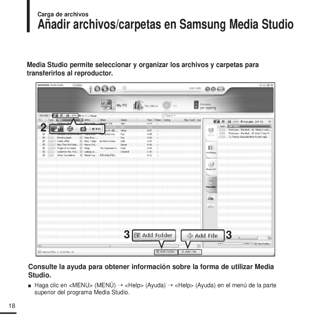 Samsung YP-T9JBQB/OMX, YP-T9JZB/XET, YP-T9JBAB/XET, YP-T9JBZB/XET manual Añadir archivos/carpetas en Samsung Media Studio 