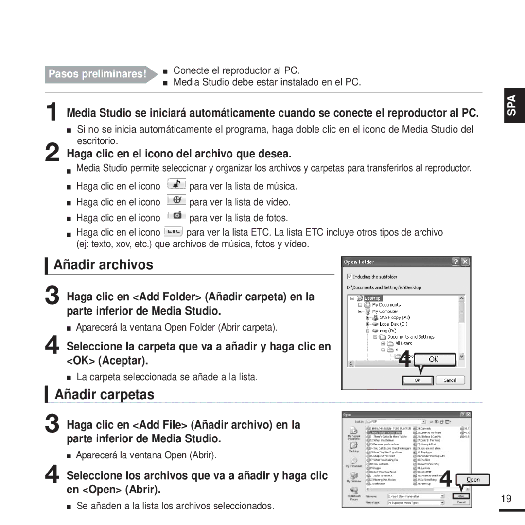 Samsung YP-T9JBAB/OMX manual Añadir archivos, Añadir carpetas, Haga clic en el icono del archivo que desea, OK Aceptar 