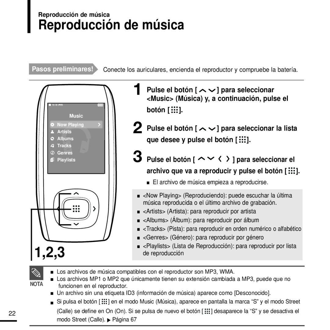 Samsung YP-T9JZB/XET, YP-T9JBAB/XET, YP-T9JBZB/XET manual Reproducción de música, El archivo de música empieza a reproducirse 