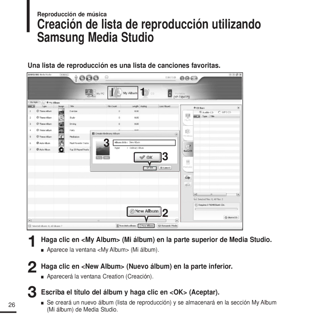 Samsung YP-T9JQB/XET manual Haga clic en New Album Nuevo álbum en la parte inferior, Aparece la ventana My Album Mi álbum 