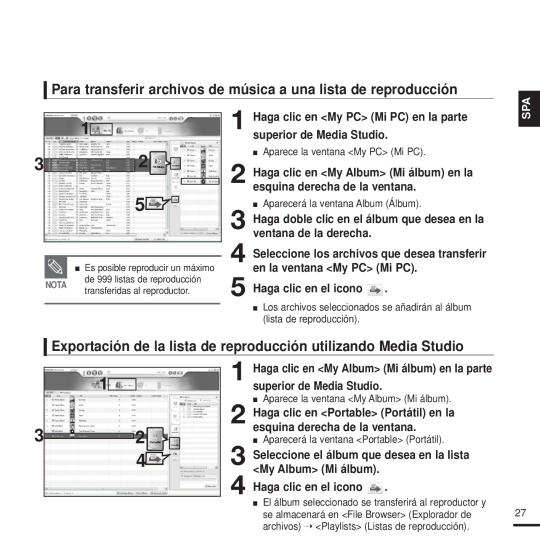 Samsung YP-T9JQB/OMX manual Superior de Media Studio, Haga clic en Portable Portátil en la, Esquina derecha de la ventana 