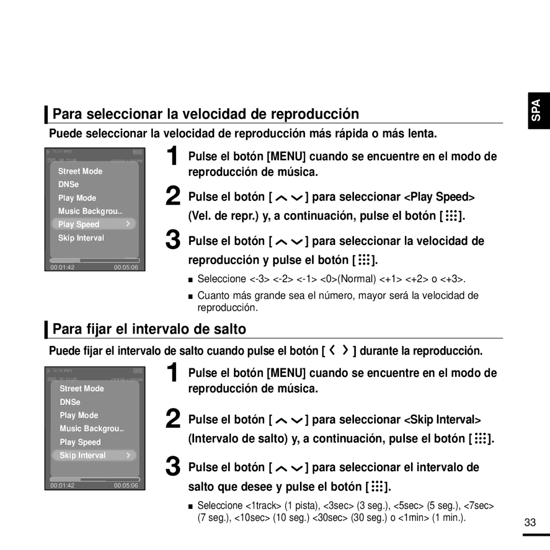 Samsung YP-T9JZB/XET, YP-T9JBAB/XET manual Para seleccionar la velocidad de reproducción, Para fijar el intervalo de salto 