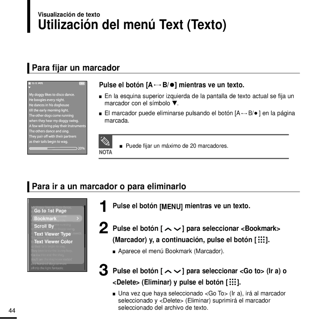 Samsung YP-T9JZB/XET, YP-T9JBAB/XET, YP-T9JQB/XET Utilización del menú Text Texto, Pulse el botón a B/ mientras ve un texto 