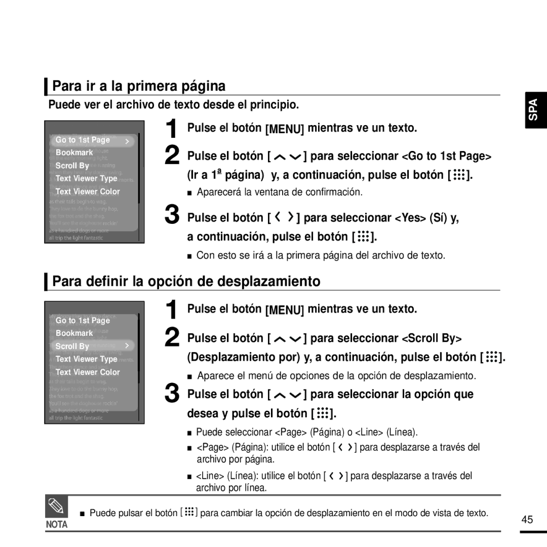 Samsung YP-T9JBAB/XET, YP-T9JZB/XET manual Para ir a la primera página, Puede ver el archivo de texto desde el principio 