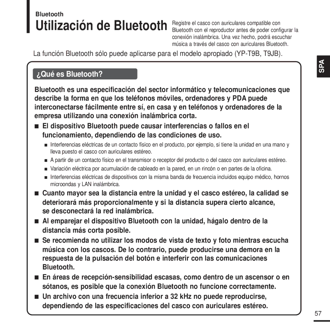 Samsung YP-T9JBZB/XET, YP-T9JZB/XET, YP-T9JBAB/XET, YP-T9JBQB/XET, YP-T9JQB/XET Utilización de Bluetooth, ¿Qué es Bluetooth? 