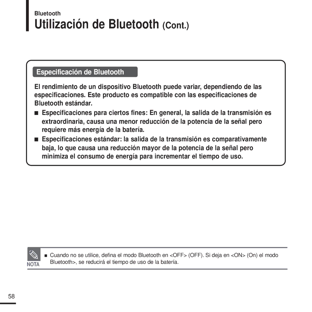 Samsung YP-T9JBQB/XET, YP-T9JZB/XET, YP-T9JBAB/XET, YP-T9JBZB/XET manual Utilización de Bluetooth, Especificación de Bluetooth 