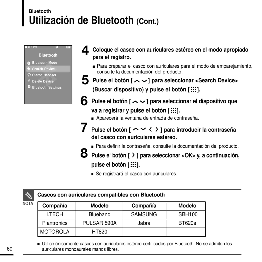 Samsung YP-T9JQB/OMX, YP-T9JZB/XET, YP-T9JBAB/XET, YP-T9JBZB/XET, YP-T9JBQB/XET manual Buscar dispositivo y pulse el botón 