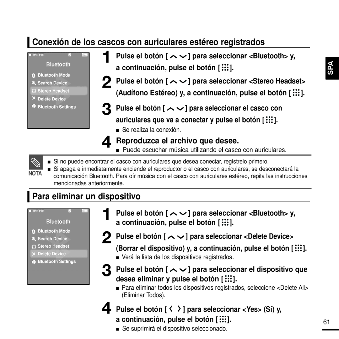 Samsung YP-T9JZB/OMX manual Conexión de los cascos con auriculares estéreo registrados, Para eliminar un dispositivo 