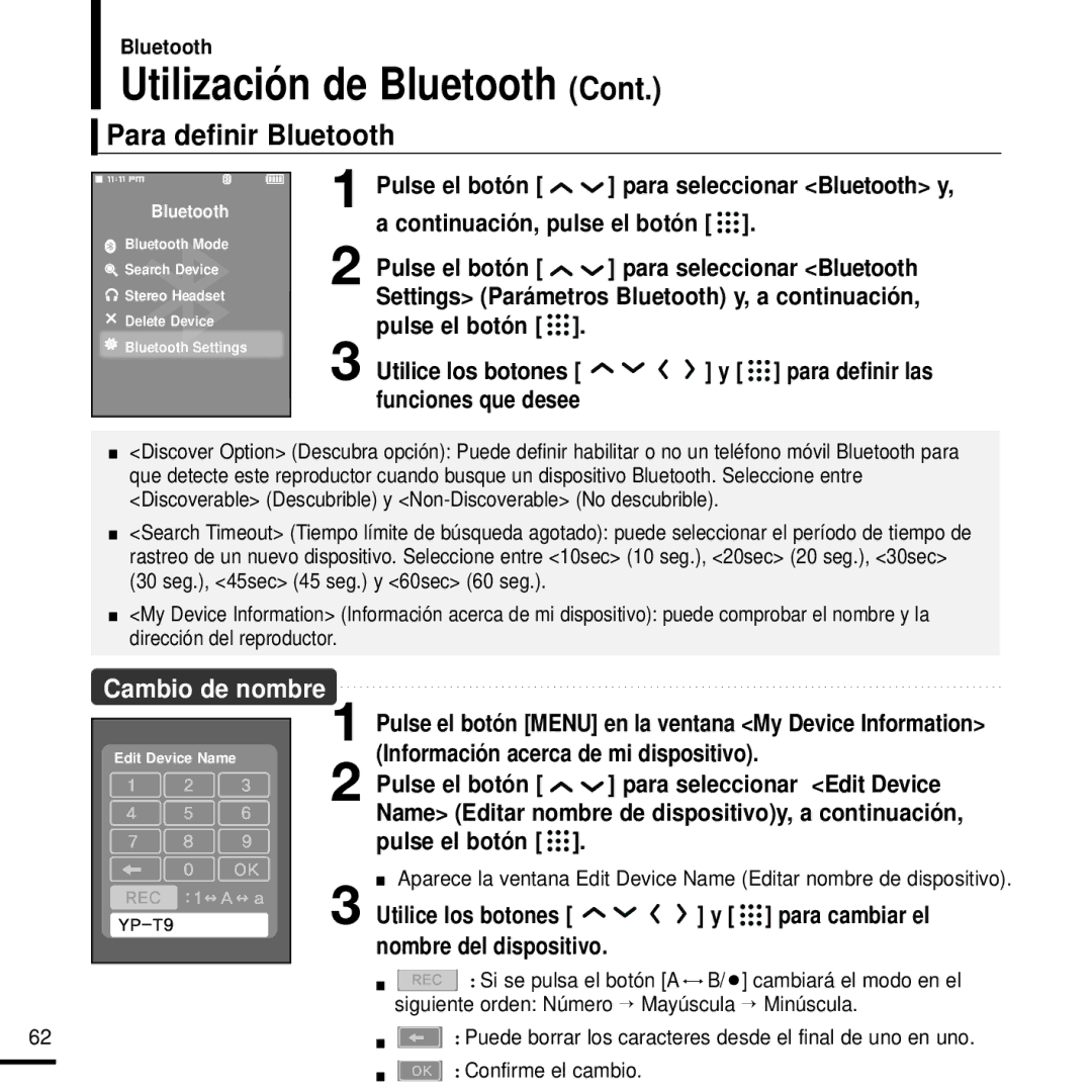 Samsung YP-T9JBQB/OMX, YP-T9JZB/XET, YP-T9JBAB/XET manual Para definir Bluetooth, Funciones que desee, Confirme el cambio 