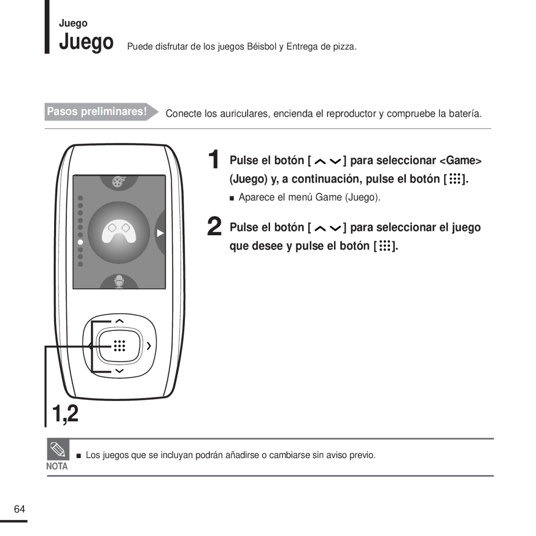 Samsung YP-T9JAB/OMX, YP-T9JZB/XET, YP-T9JBAB/XET, YP-T9JBZB/XET, YP-T9JBQB/XET, YP-T9JQB/XET manual Aparece el menú Game Juego 