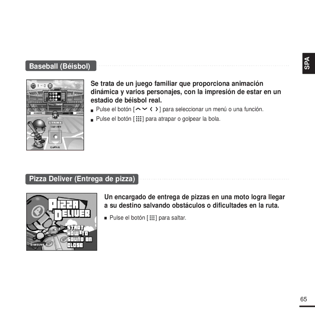 Samsung YP-T9JBZB/OMX, YP-T9JZB/XET manual Baseball Béisbol, Pizza Deliver Entrega de pizza, Pulse el botón para saltar 