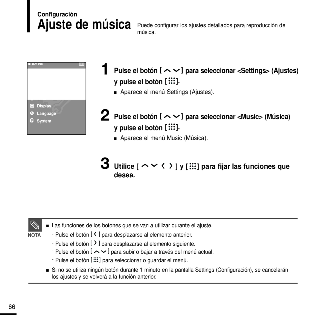 Samsung YP-T9JZB/XET, YP-T9JBAB/XET manual Utilice Para fijar las funciones que Desea, Aparece el menú Settings Ajustes 