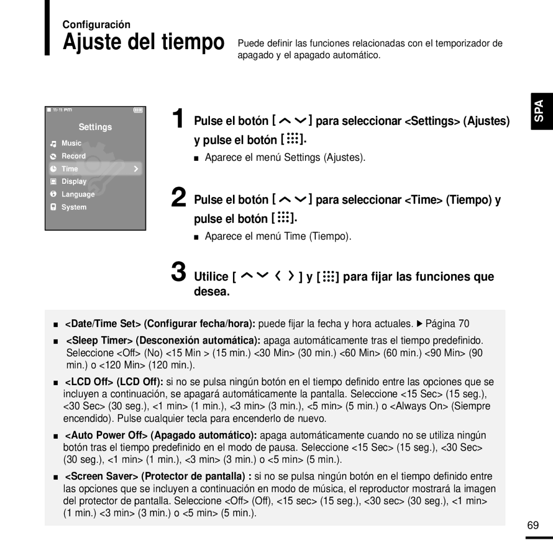 Samsung YP-T9JBQB/XET, YP-T9JZB/XET, YP-T9JQB/XET Utilice y para fijar las funciones que desea, Aparece el menú Time Tiempo 