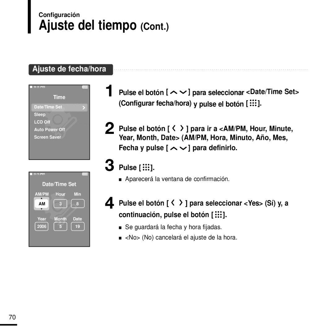 Samsung YP-T9JQB/XET, YP-T9JZB/XET manual Ajuste del tiempo, Ajuste de fecha/hora, Fecha y pulse para definirlo Pulse 