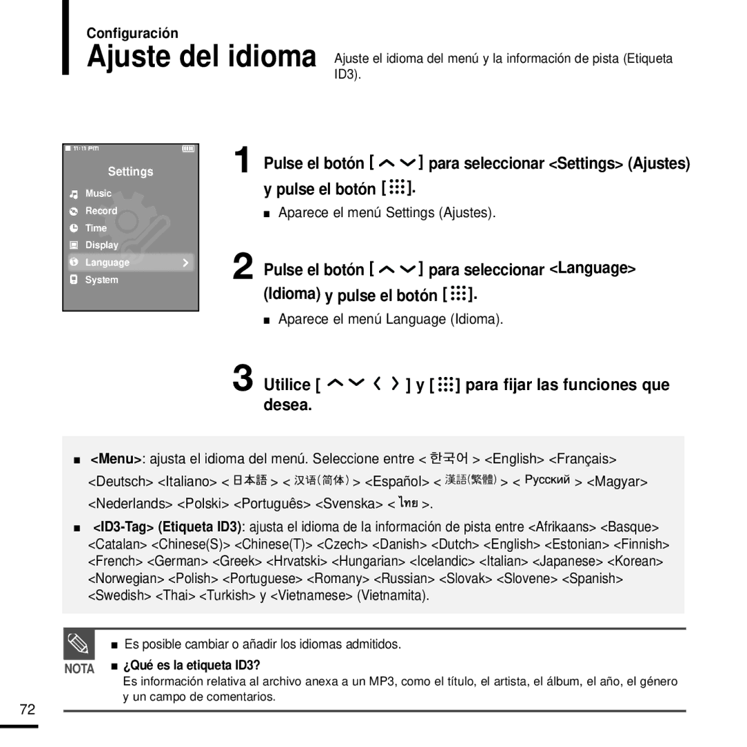 Samsung YP-T9JZB/OMX, YP-T9JZB/XET, YP-T9JBAB/XET manual Aparece el menú Language Idioma, Nota ¿Qué es la etiqueta ID3? 