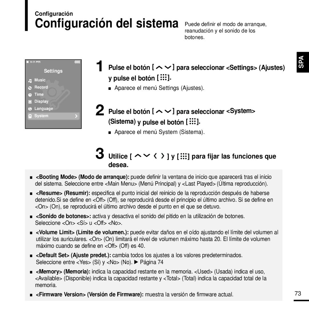 Samsung YP-T9JBQB/OMX, YP-T9JZB/XET, YP-T9JBAB/XET, YP-T9JBZB/XET, YP-T9JBQB/XET, YP-T9JQB/XET Aparece el menú System Sistema 