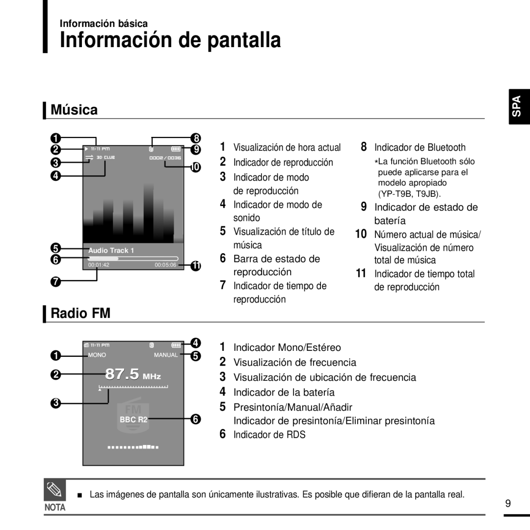 Samsung YP-T9JAB/OMX, YP-T9JZB/XET, YP-T9JBAB/XET, YP-T9JBZB/XET, YP-T9JBQB/XET Información de pantalla, Música, Radio FM 