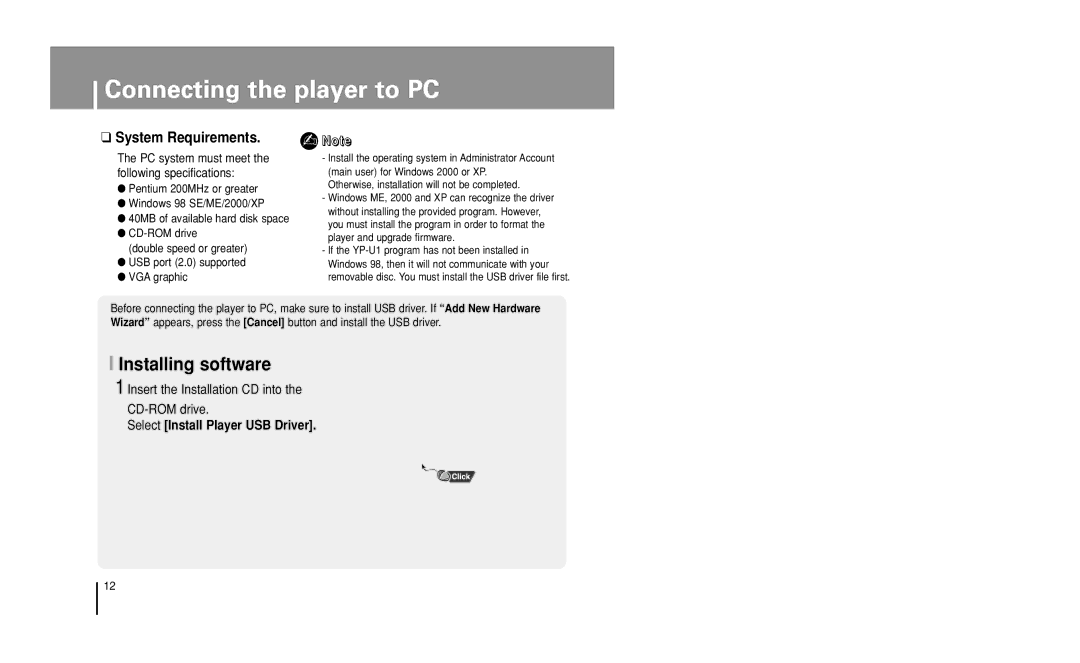 Samsung YP-U1 manual Connecting the player to PC, Installing software, Insert the Installation CD into CD-ROM drive 