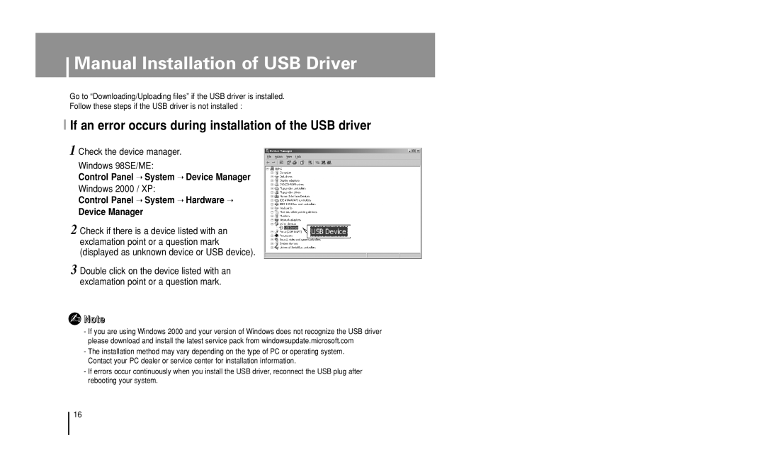 Samsung YP-U1 manual Manual Installation of USB Driver, If an error occurs during installation of the USB driver 