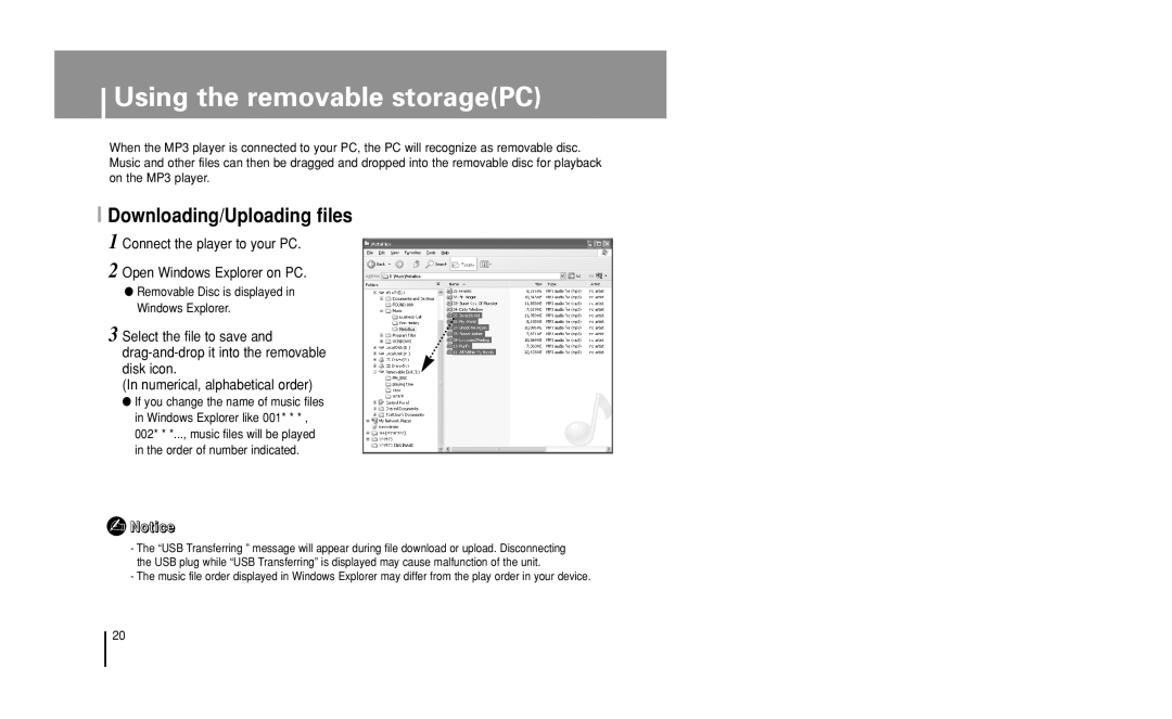 Samsung YP-U1 Using the removable storagePC, Downloading/Uploading files, Removable Disc is displayed in Windows Explorer 