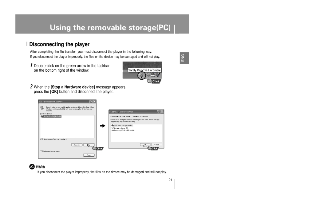 Samsung YP-U1 manual Disconnecting the player 