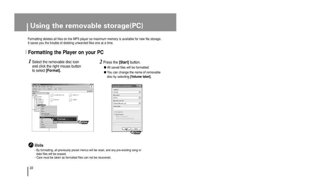 Samsung YP-U1 manual Formatting the Player on your PC, Press the Start button, All saved files will be formatted 