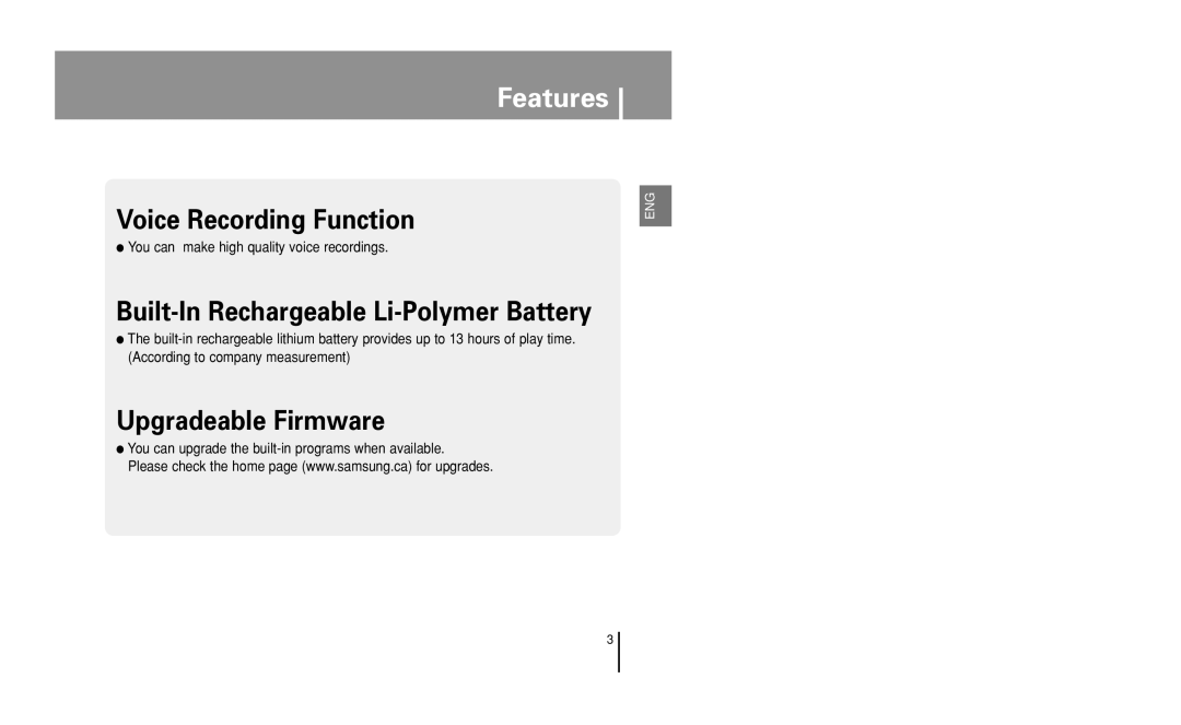 Samsung YP-U1 manual You can make high quality voice recordings, You can upgrade the built-in programs when available 