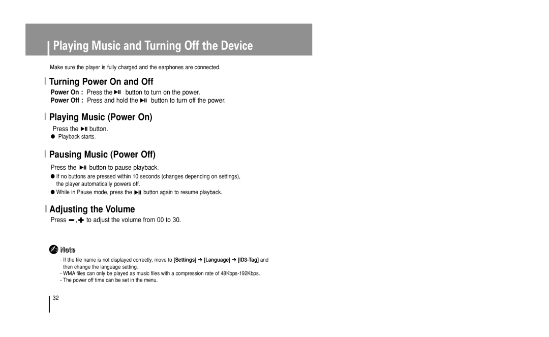 Samsung YP-U1 manual Playing Music and Turning Off the Device, Turning Power On and Off, Playing Music Power On 