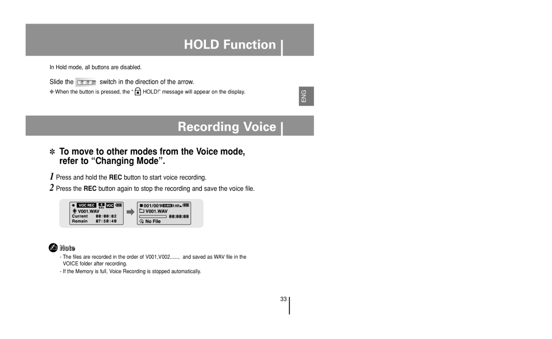 Samsung YP-U1 manual Hold Function, Recording Voice, Slide the switch in the direction of the arrow 