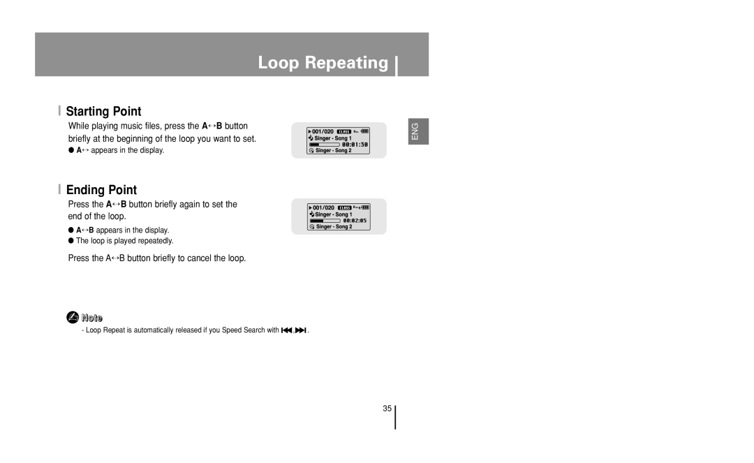 Samsung YP-U1 manual Loop Repeating, Starting Point, Ending Point, Press the A↔B button briefly to cancel the loop 