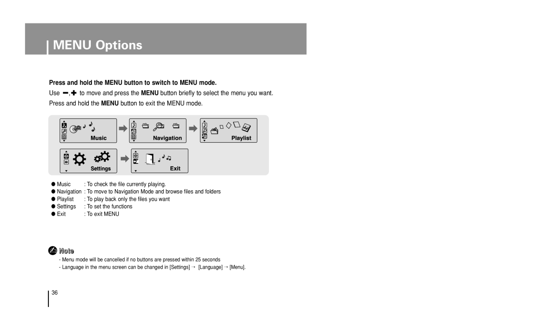 Samsung YP-U1 manual Menu Options, Music 